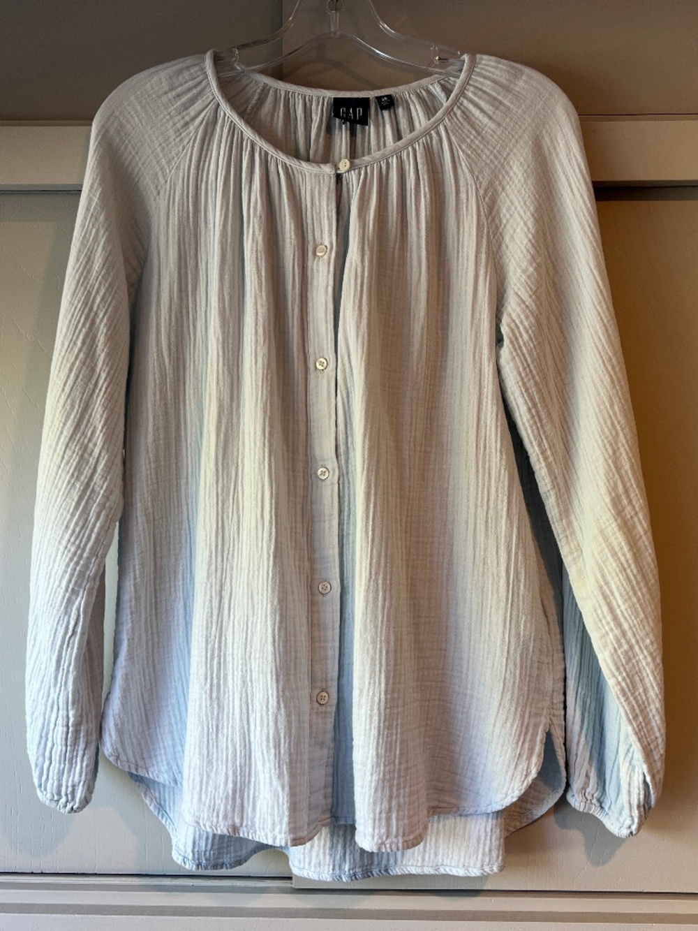 Gap Light Blue Crinkle Cotton Gauze Collarless Shirt Blouse XS